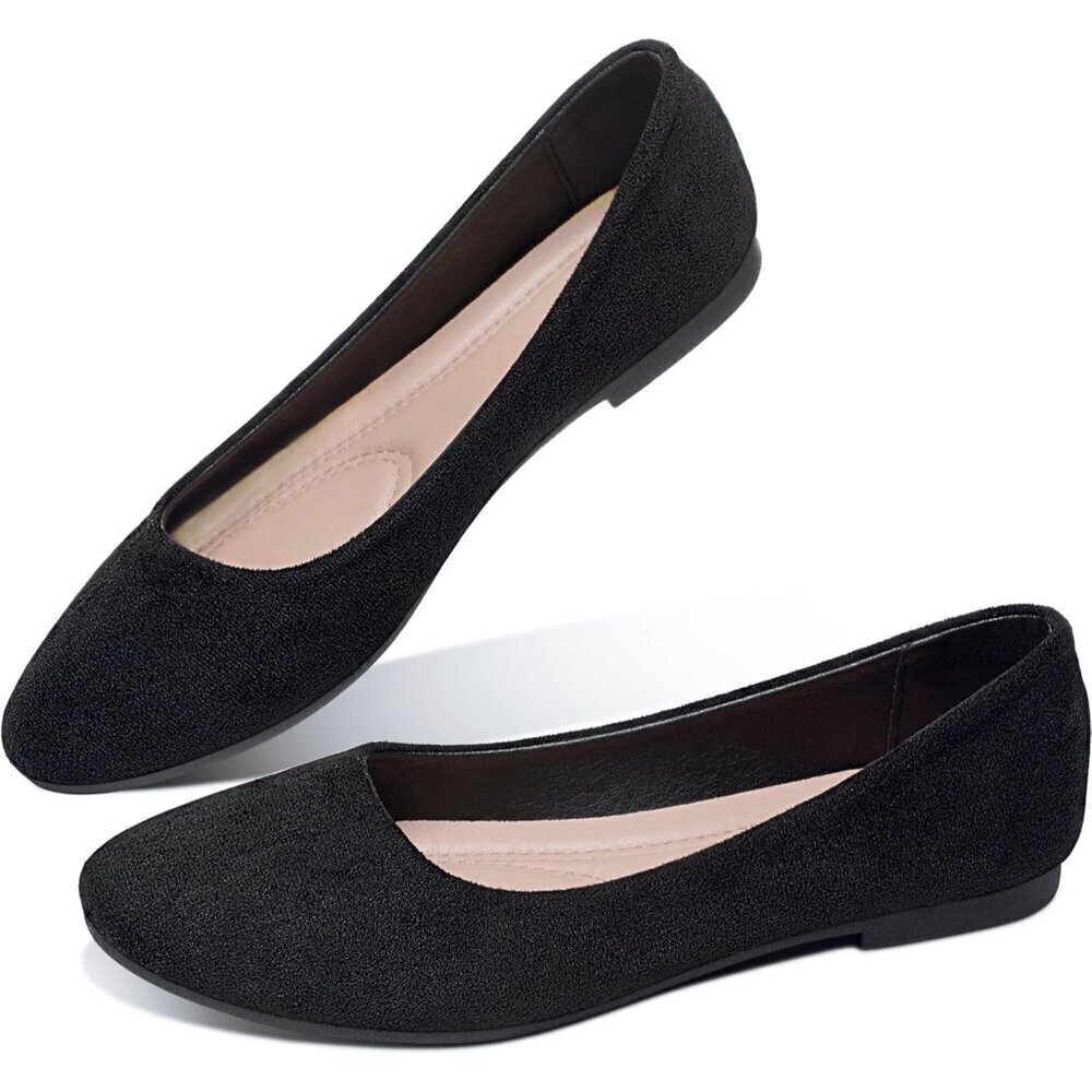 Obtaom Women Black Faux Suede Textile Closed Round Toe Ballet Flats Shoes